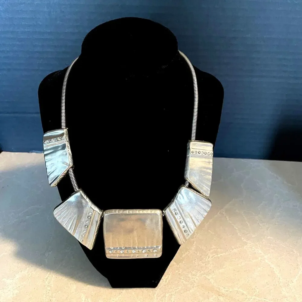 chico's silver tone statement necklace modern geometric collar evening jewelry